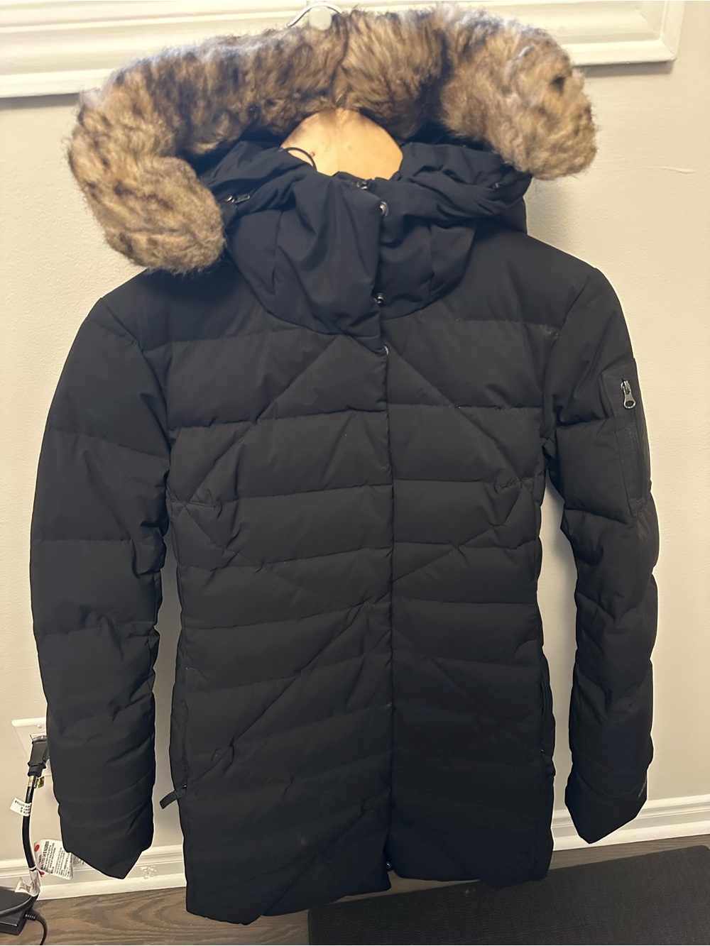 Eddie Bauer Black Quilted Puffer Coat with Faux-Fur Trimmed Hood